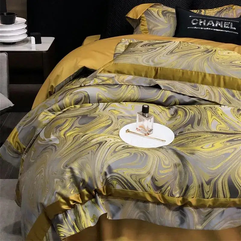 Luxury gold & silver brocade satin jacquard bedding set bedroom