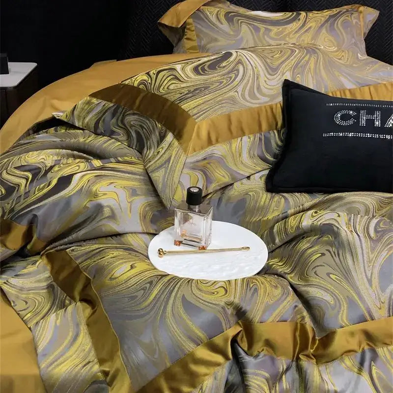 Luxury gold & silver brocade satin jacquard bedding set bedroom