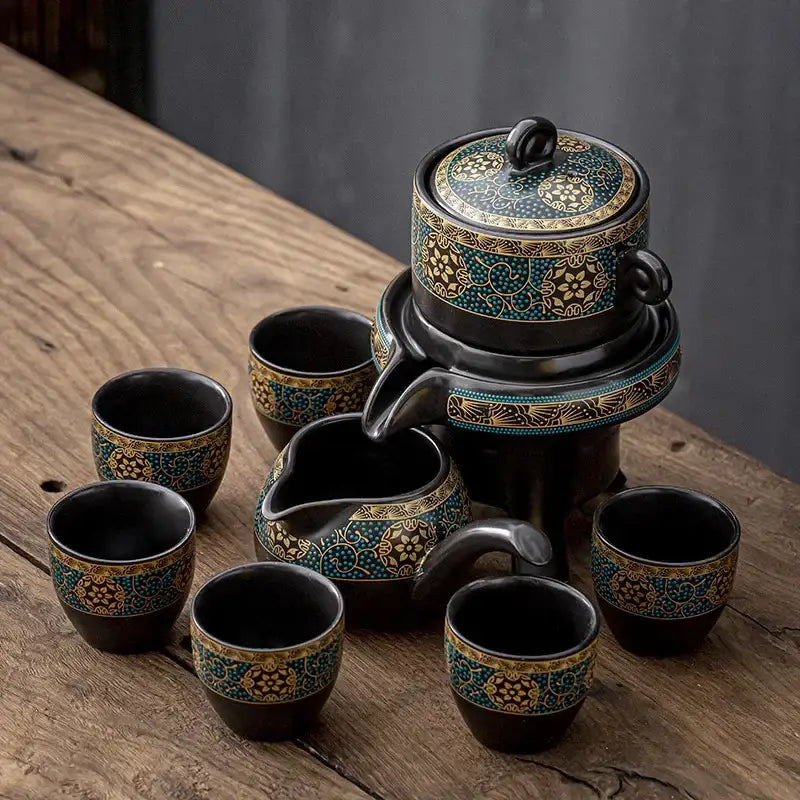 Luxury turquoise & gold black ceramic kung fu tea set dining room