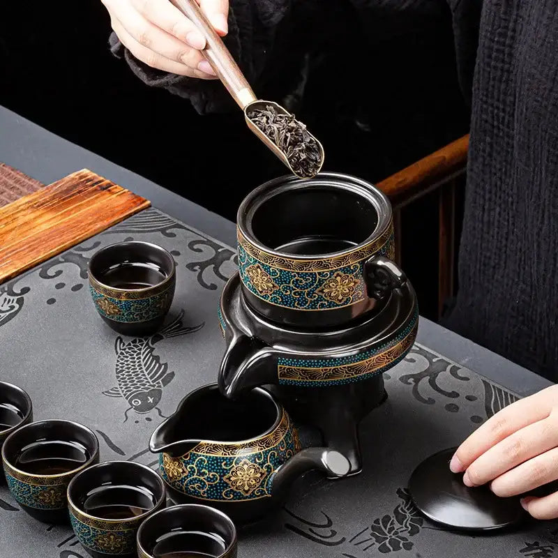 Luxury turquoise & gold black ceramic kung fu tea set dining room