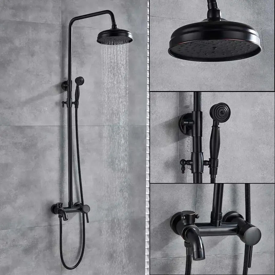 Matte black bathroom shower faucet with rainfall head and handheld spray