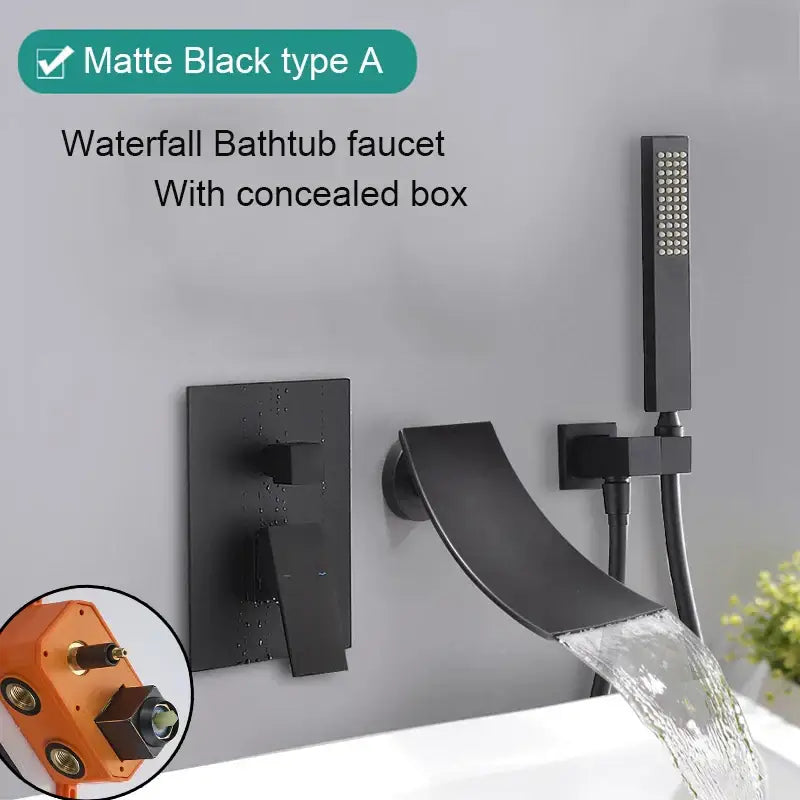 Matte black bathroom waterfall faucet with handheld showerhead