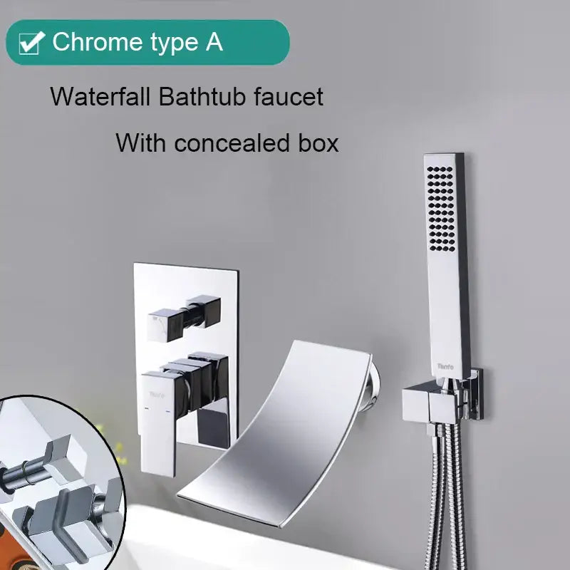 Matte black bathroom waterfall faucet with handheld showerhead