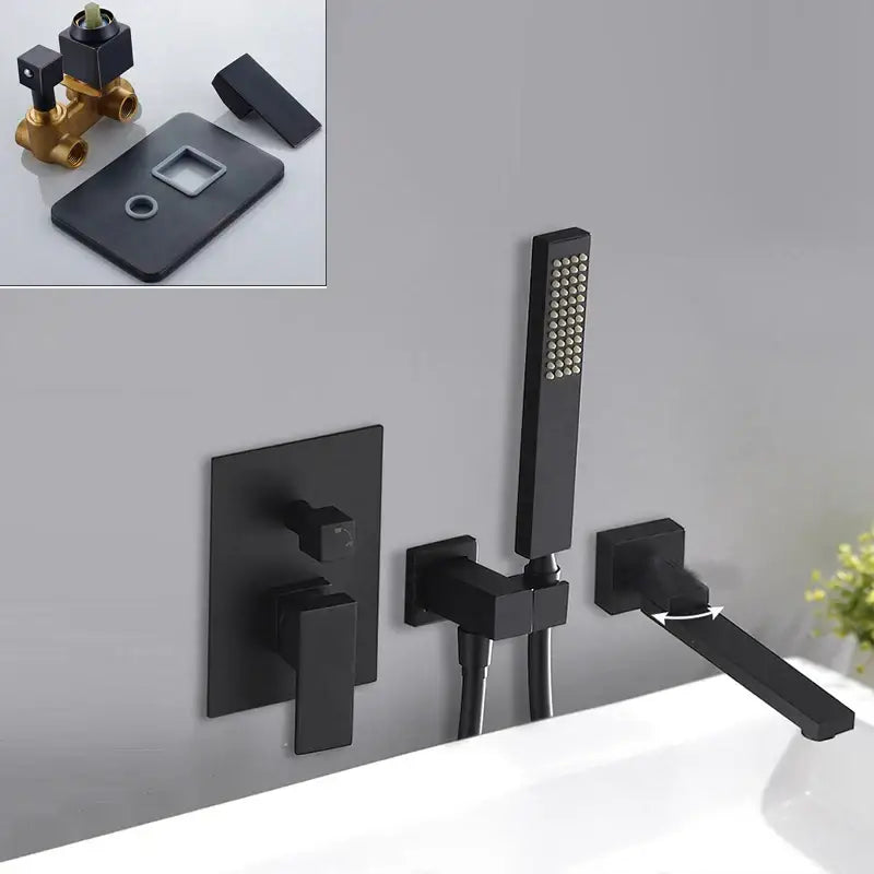 Matte black bathroom waterfall faucet with handheld showerhead