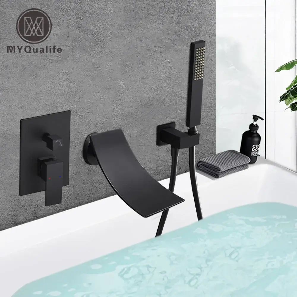 Matte black bathroom waterfall faucet with handheld showerhead