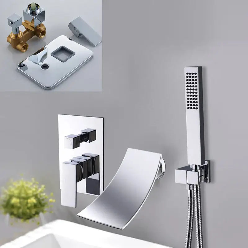 Matte black bathroom waterfall faucet with handheld showerhead
