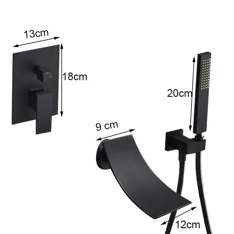 Matte black bathroom waterfall faucet with handheld showerhead