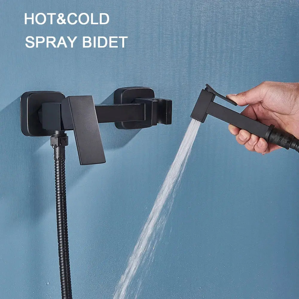 Matte black brass bidet faucet with handheld spray for bathroom