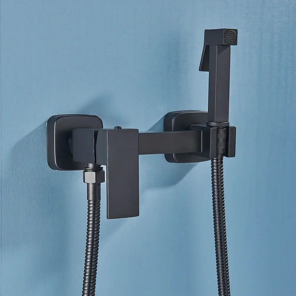 Matte black brass bidet faucet with handheld spray for bathroom