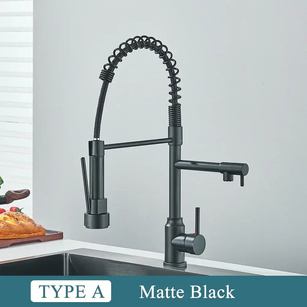 Matte black brass kitchen sink faucet with pull down dual spout