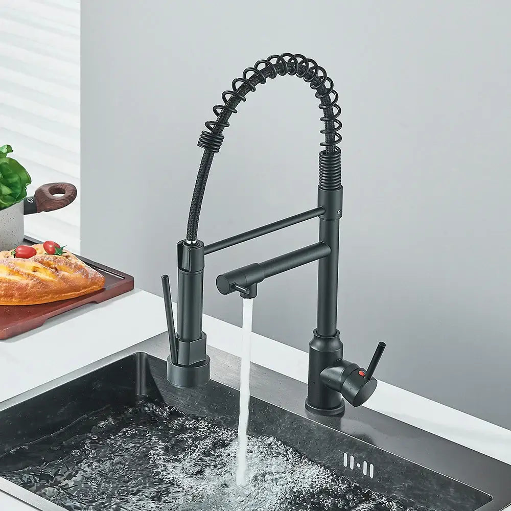 Matte black brass kitchen sink faucet with pull down sprayer