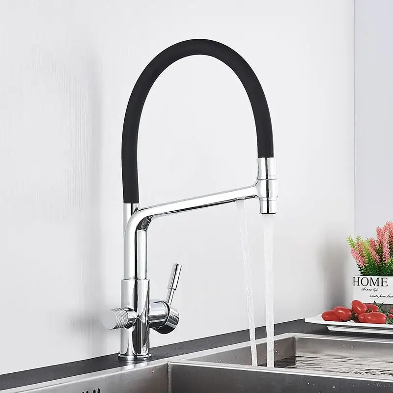 Matte black dual spout kitchen water filter faucet 360 rotation