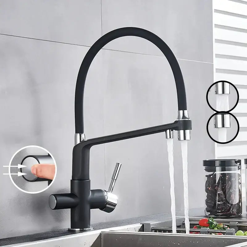 Matte black dual spout kitchen water filter faucet 360 rotation