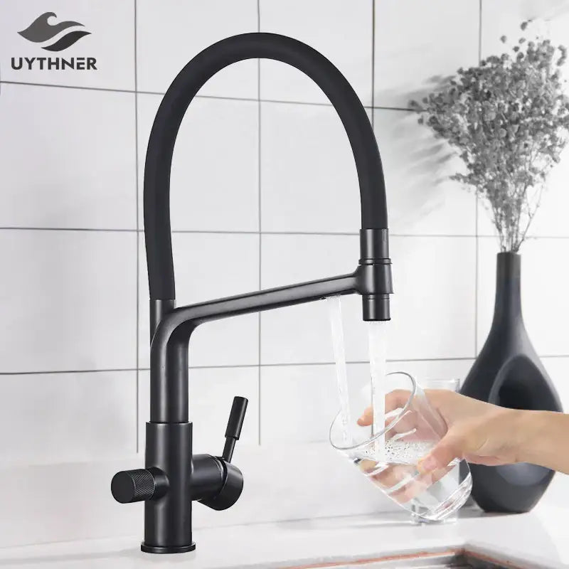 Matte black dual spout kitchen water filter faucet 360 rotation