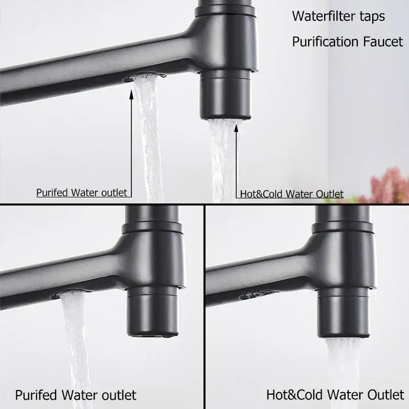 Matte black dual spout kitchen water filter faucet 360 rotation