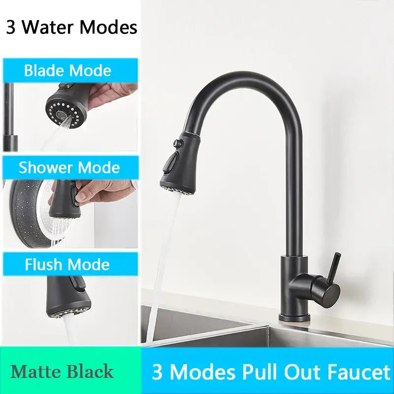 Matte black pull out kitchen faucet with high arc spout