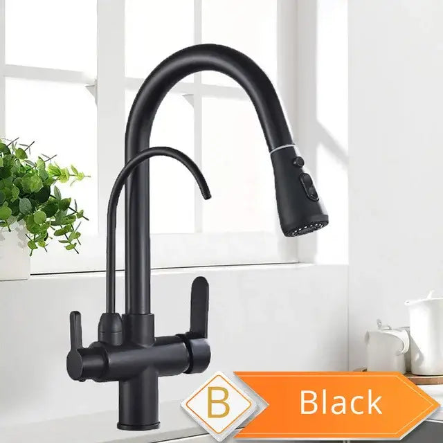 Matte black pull out kitchen faucet with water filter mixer