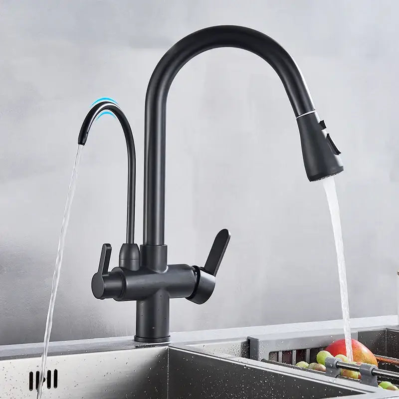 Matte black pull out kitchen faucet with water filter mixer