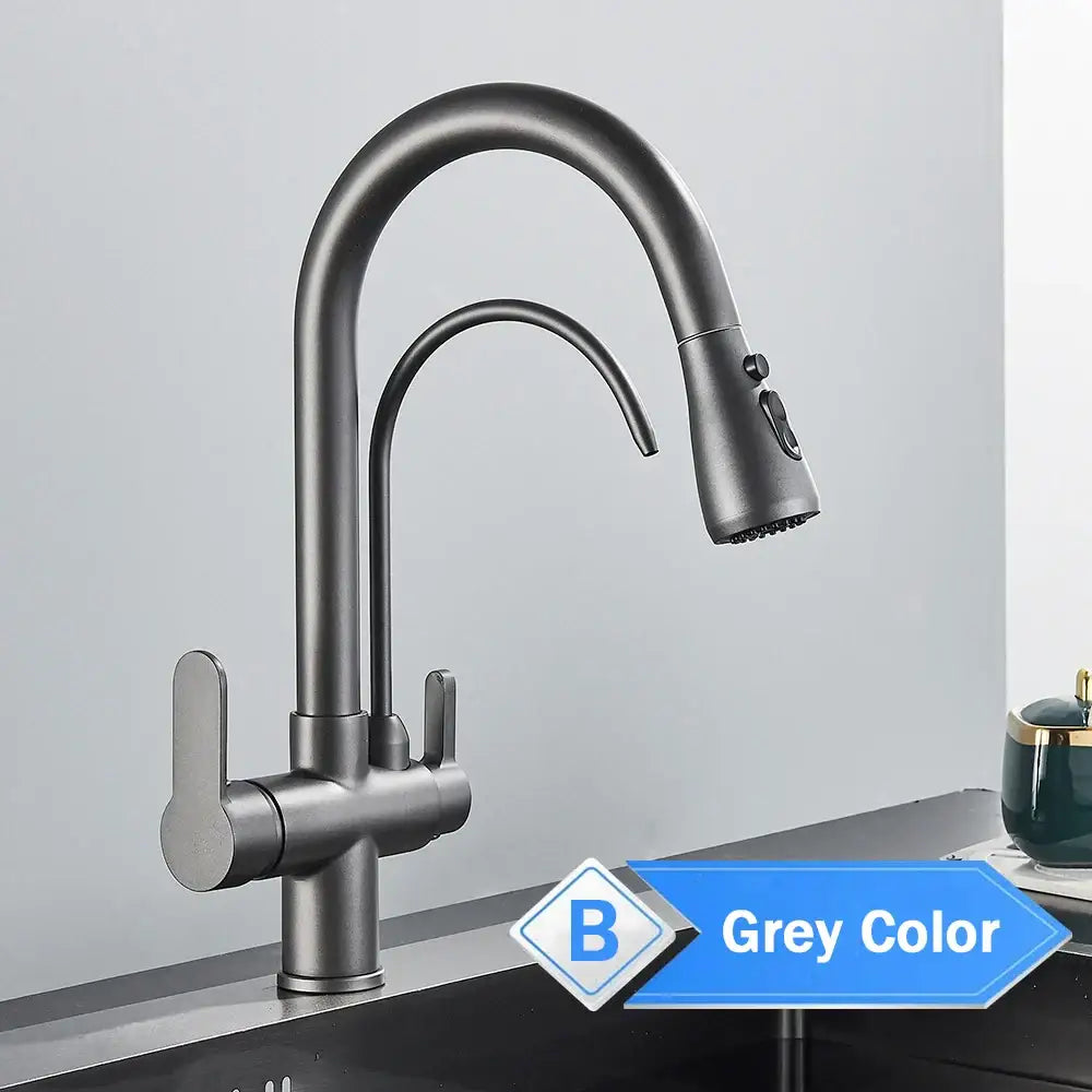 Matte black pull out kitchen faucet with water filter mixer
