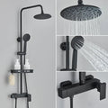 Matte black rainfall shower faucet set with shelf for bathroom