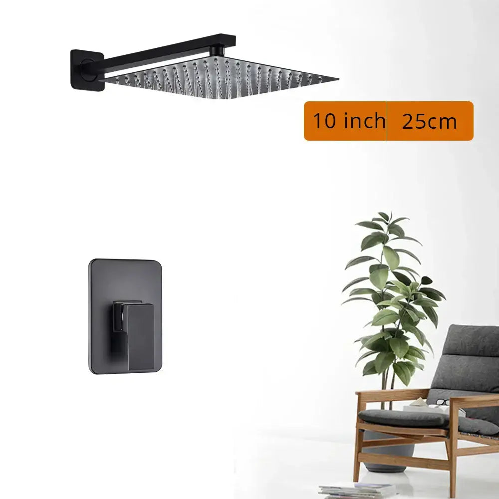 Matte black shower set with square rain head and spout for bathroom