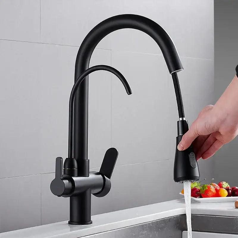 Matte black solid brass kitchen faucet with pull down spray head