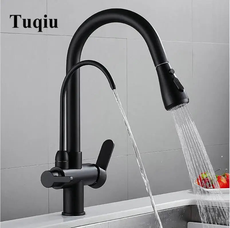 Matte black solid brass kitchen faucet with pull down spray head