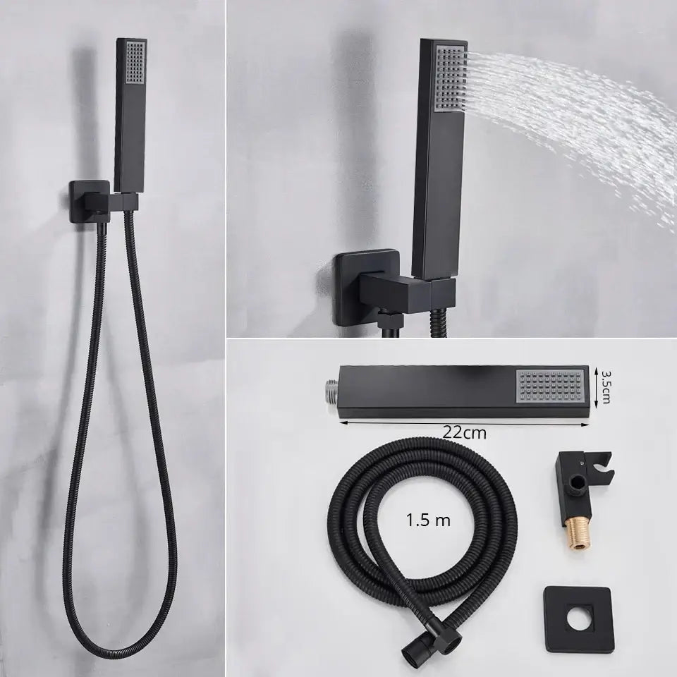 Matte black square rainfall shower faucet set for bathroom handheld spray