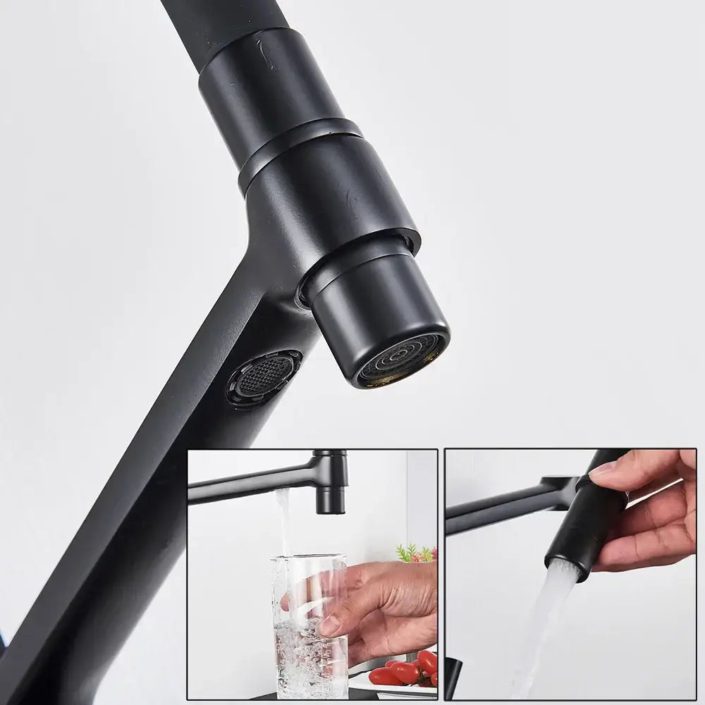 Matte black water filter kitchen faucet pull down gooseneck tap