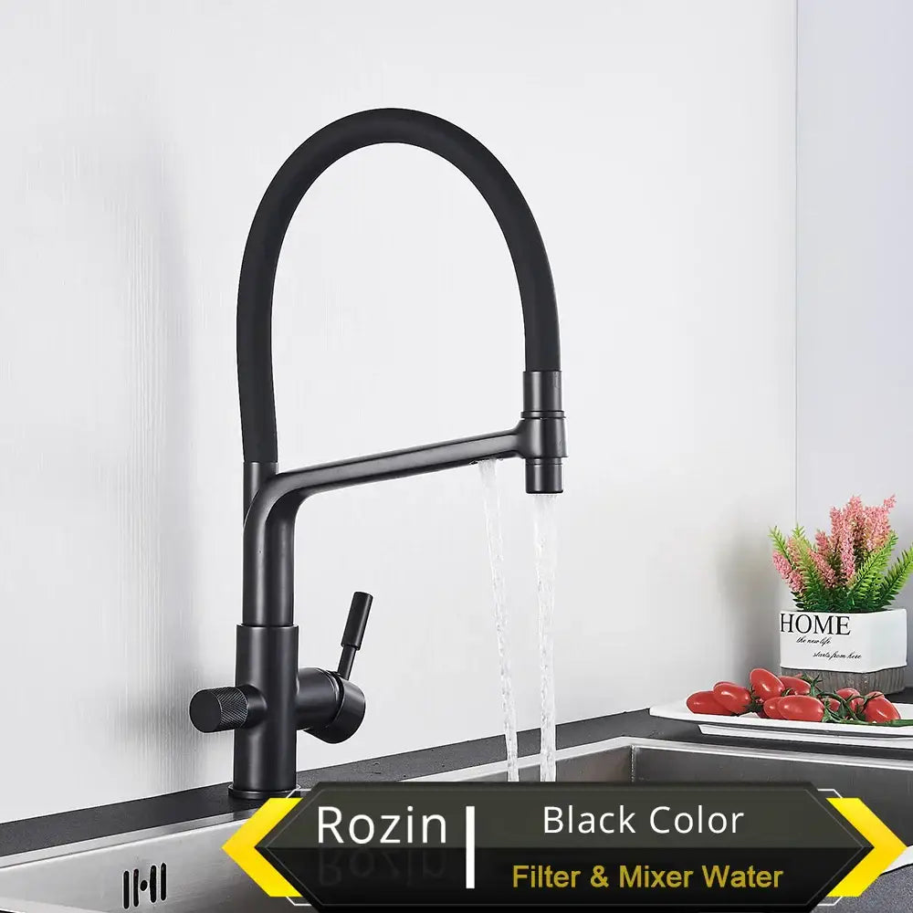 Matte black water filter kitchen faucet pull down gooseneck tap
