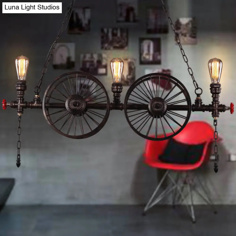 DecorBites™ Metallic Pendant Light: Antique 3-Head Wagon Wheel Design for Restaurants and Hanging Islands, with Decorative Valve