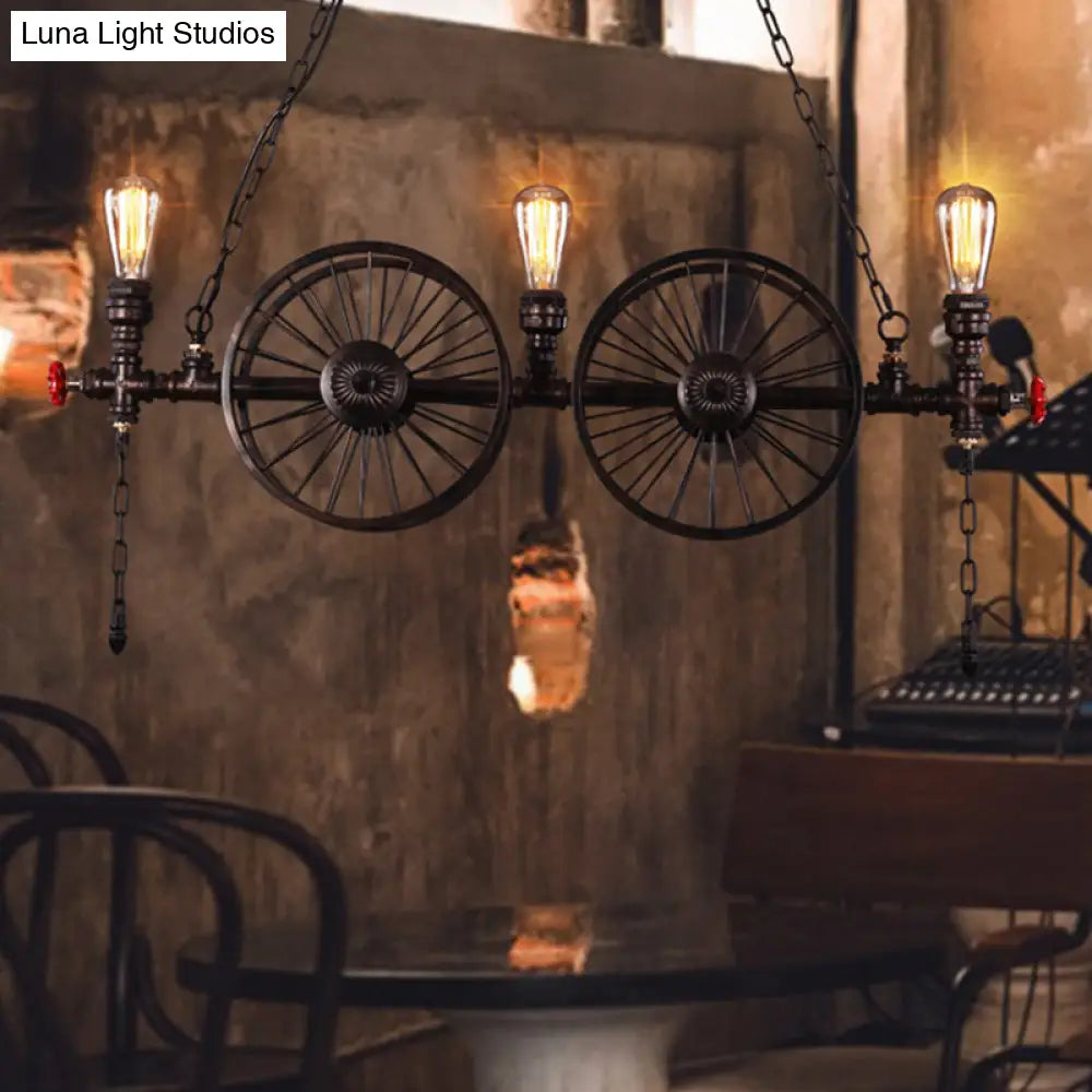 DecorBites™ Metallic Pendant Light: Antique 3-Head Wagon Wheel Design for Restaurants and Hanging Islands, with Decorative Valve