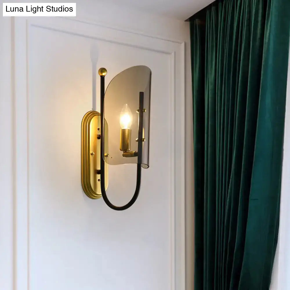 Mid century black & brass smoke grey glass wall mount lamp hall wall
