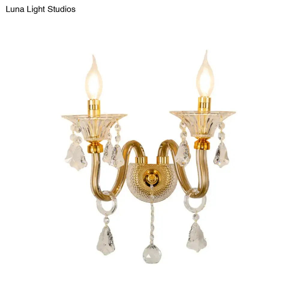 Mid-century brass crystal shade wall mounted sconce bedroom light
