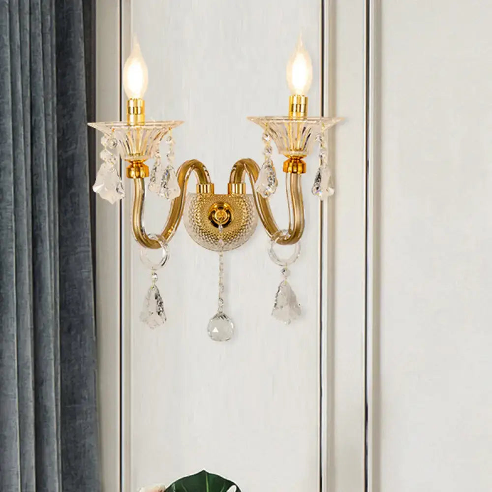 Mid-century brass crystal shade wall mounted sconce bedroom light