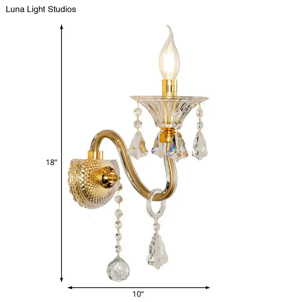 Mid-century brass crystal shade wall mounted sconce bedroom light