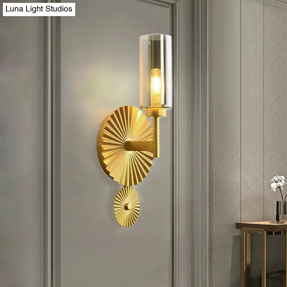 Mid century brass scalloped backplate wall sconce bedroom amber glass