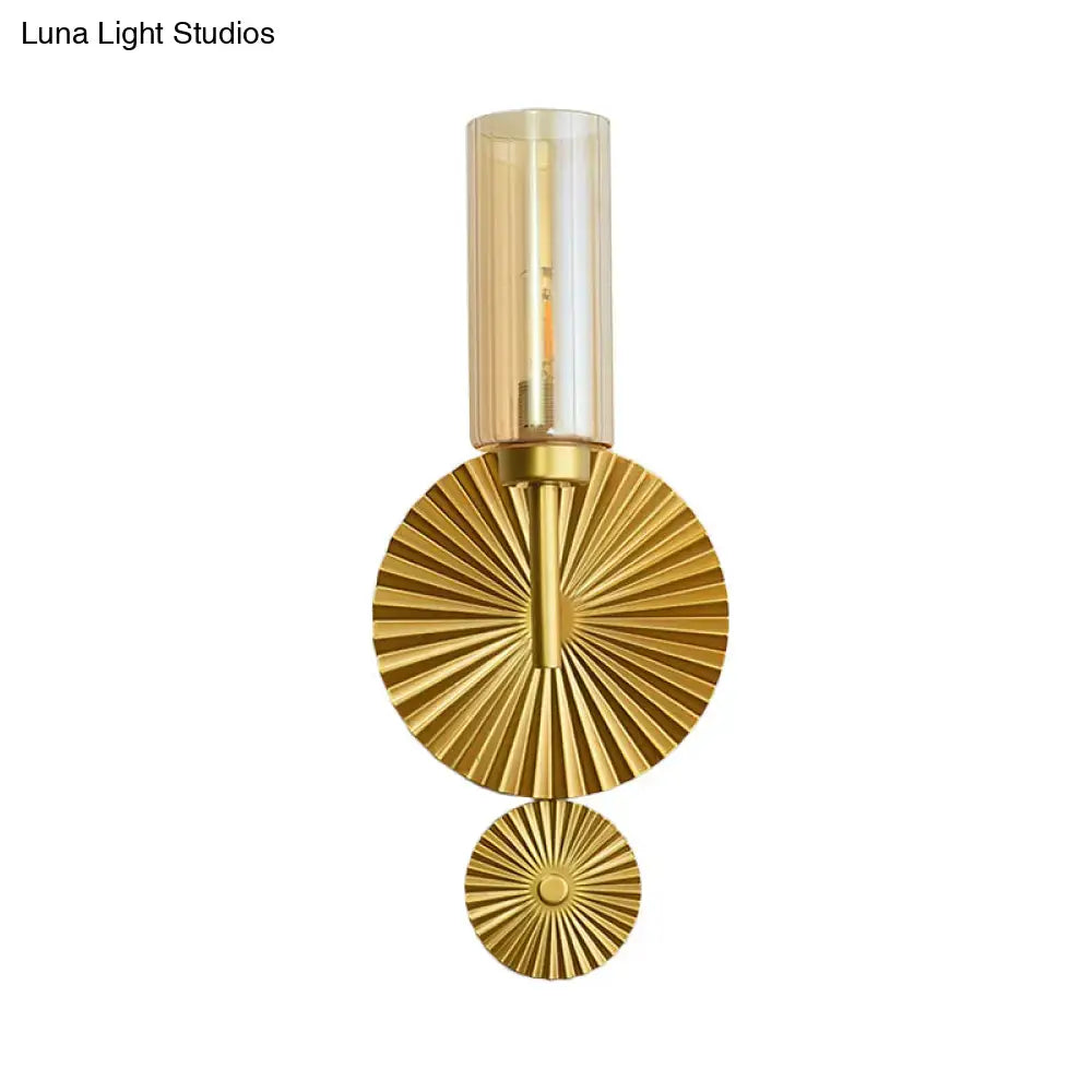 Mid century brass scalloped backplate wall sconce bedroom amber glass