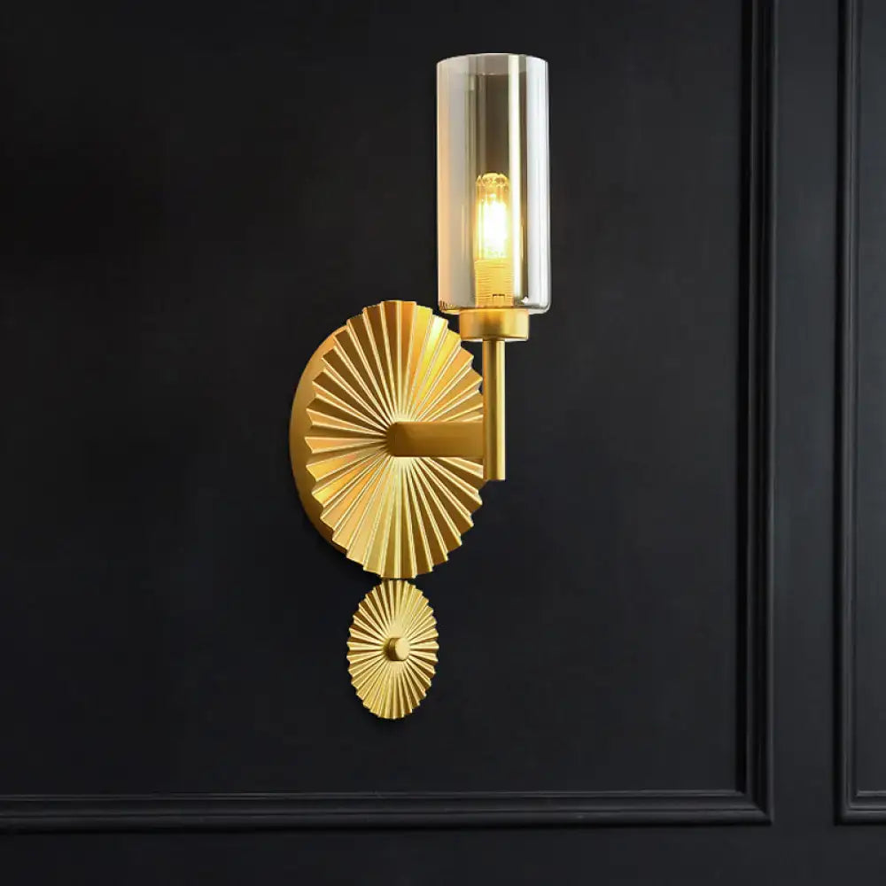 Mid century brass scalloped backplate wall sconce bedroom amber glass