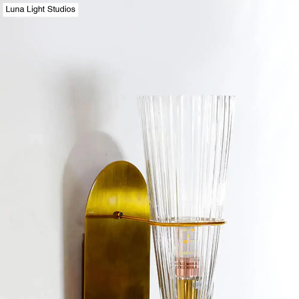Mid century brass wall lamp – bedroom clear ribbed glass single light