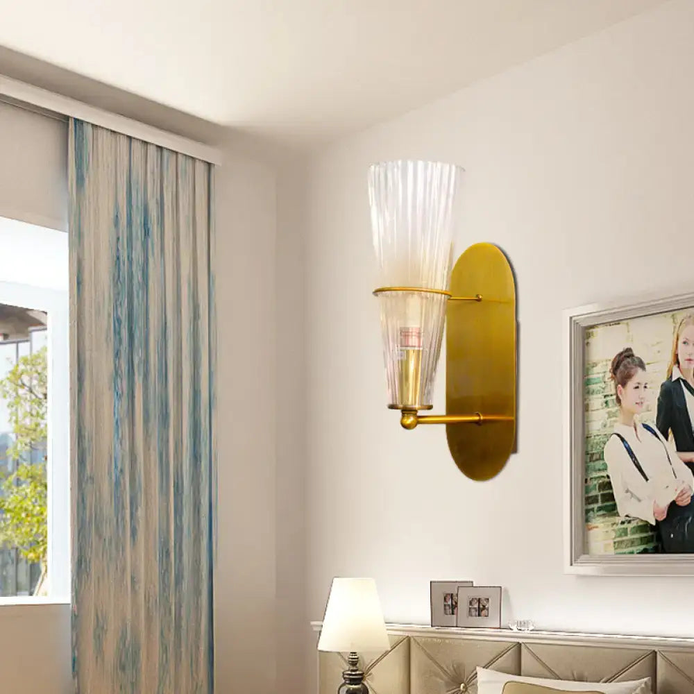 Mid century brass wall lamp – bedroom clear ribbed glass single light