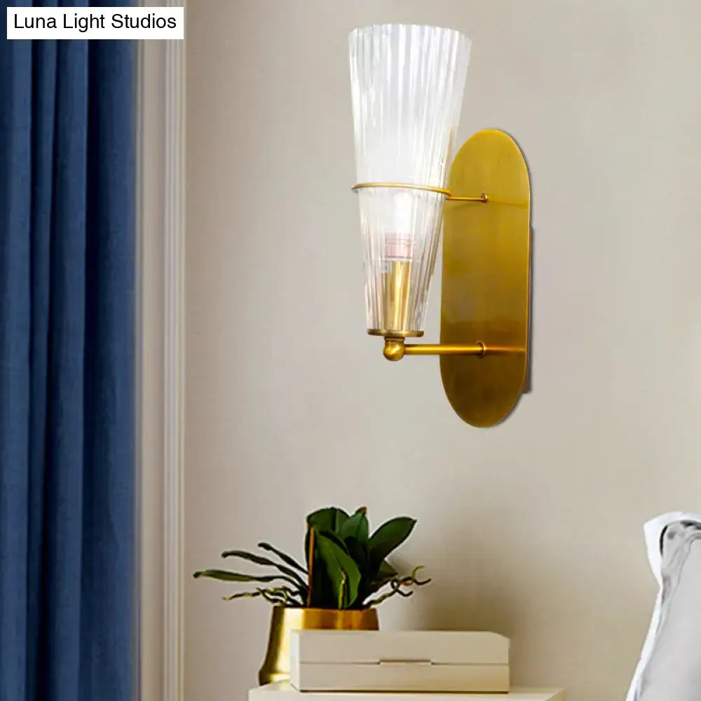 Mid century brass wall lamp – bedroom clear ribbed glass single light