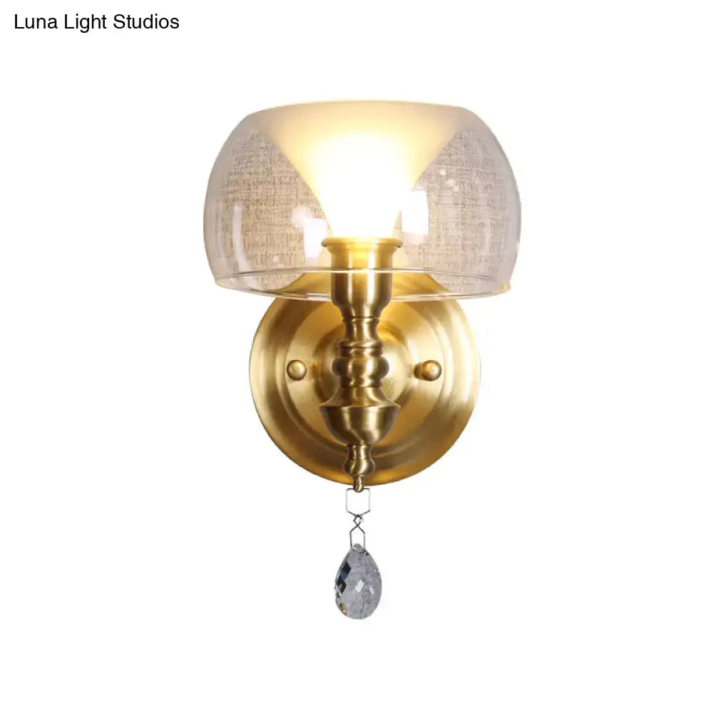 Mid century gold glass wall sconce with crystal droplet for bedroom