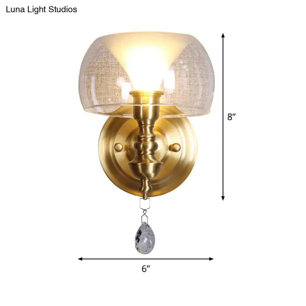 Mid century gold glass wall sconce with crystal droplet for bedroom