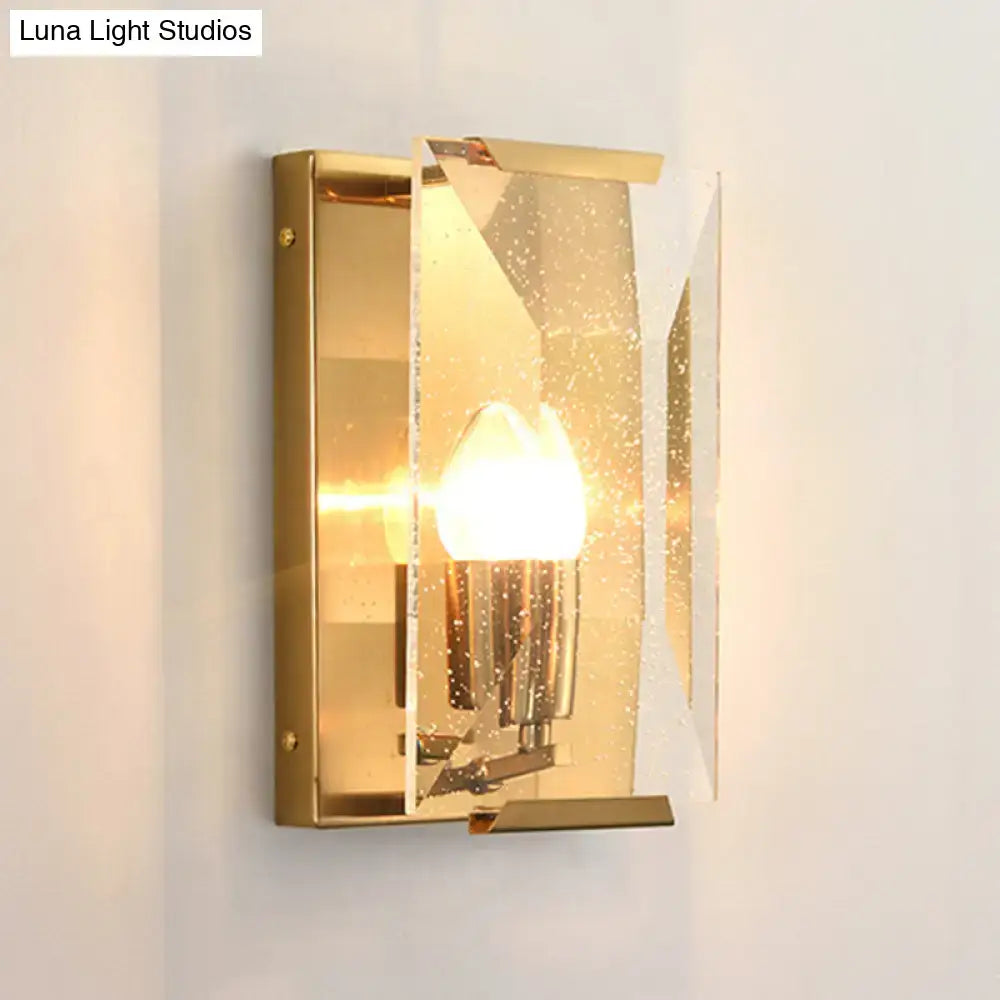 Mid century gold wall sconce with crystal shield for living room
