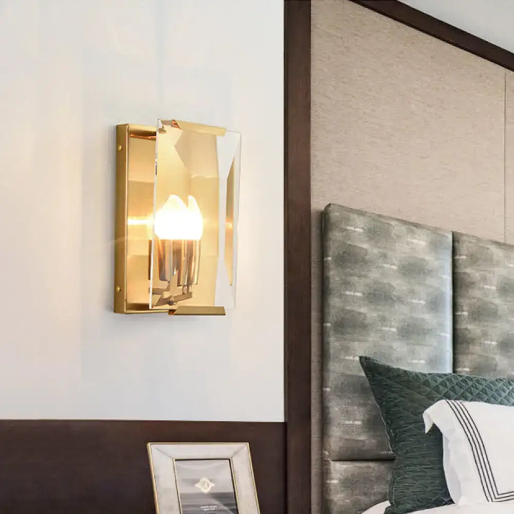 Mid century gold wall sconce with crystal shield for living room