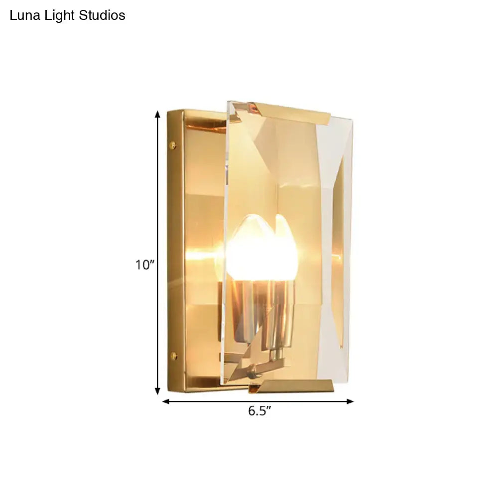 Mid century gold wall sconce with crystal shield for living room