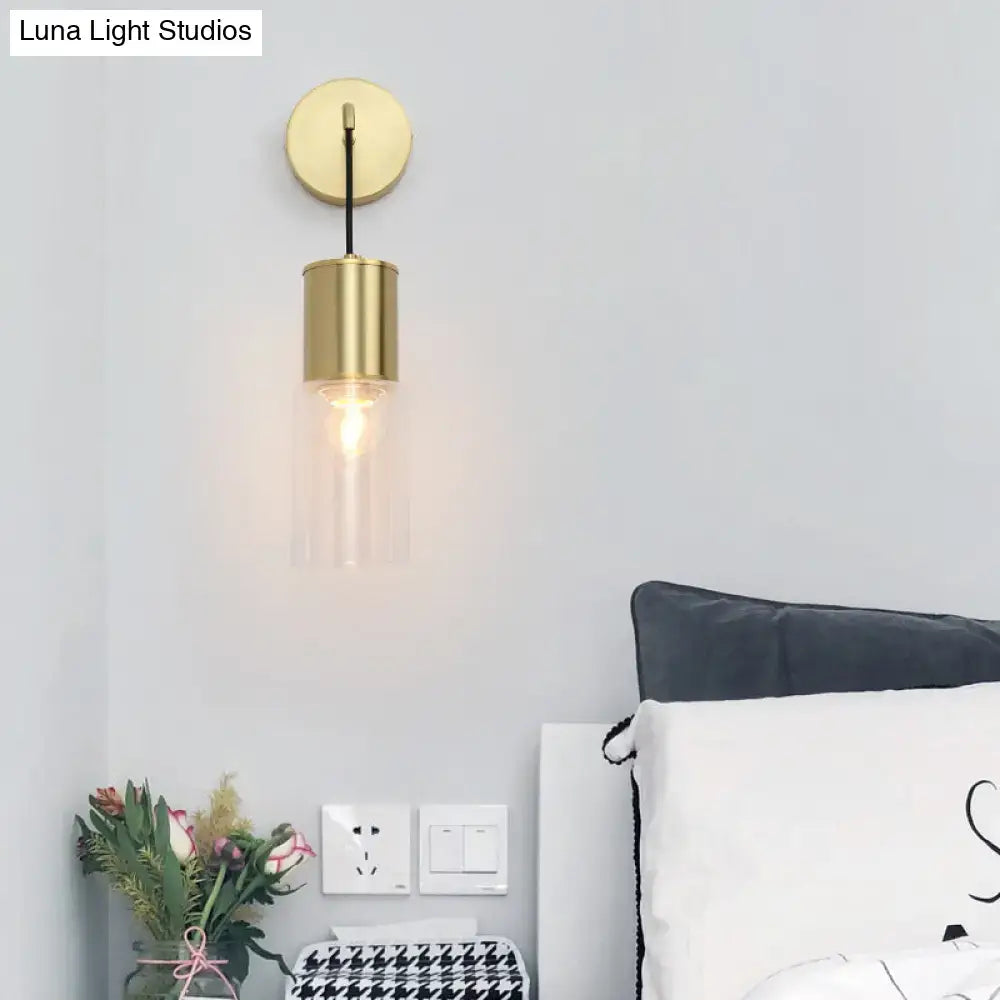 Minimal brass and glass wall sconce light bedroom curved arm lamp
