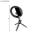 Black 14 inches fixture ring light with flash lighting mounted on tripod with phone holder for bedroom use