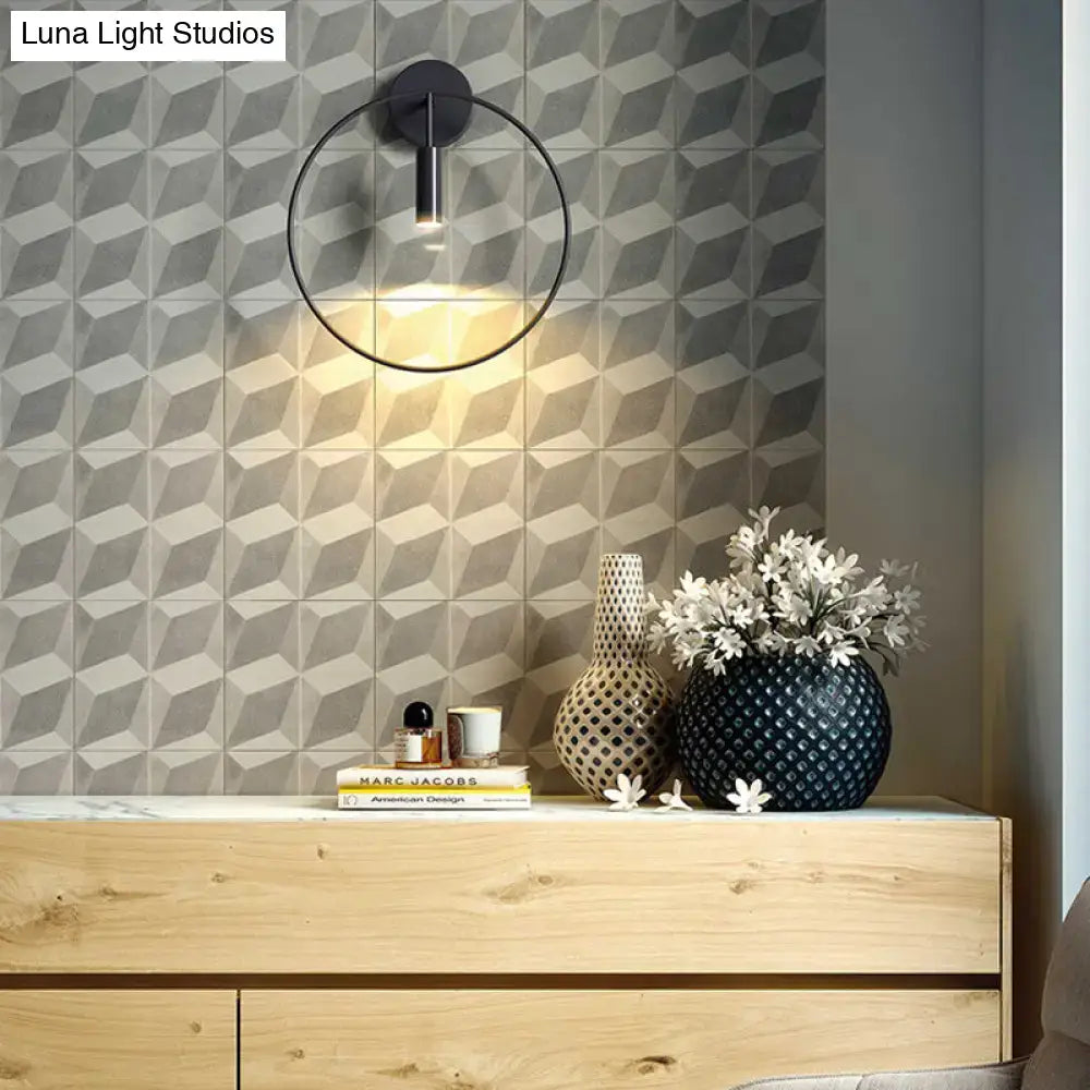 Minimalist black circular metal sconce – living room wall light